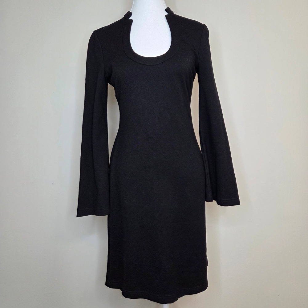 Boston Proper Black Bell Sleeve Notched Scoop Neck‎ Knit Sheath Dress XS